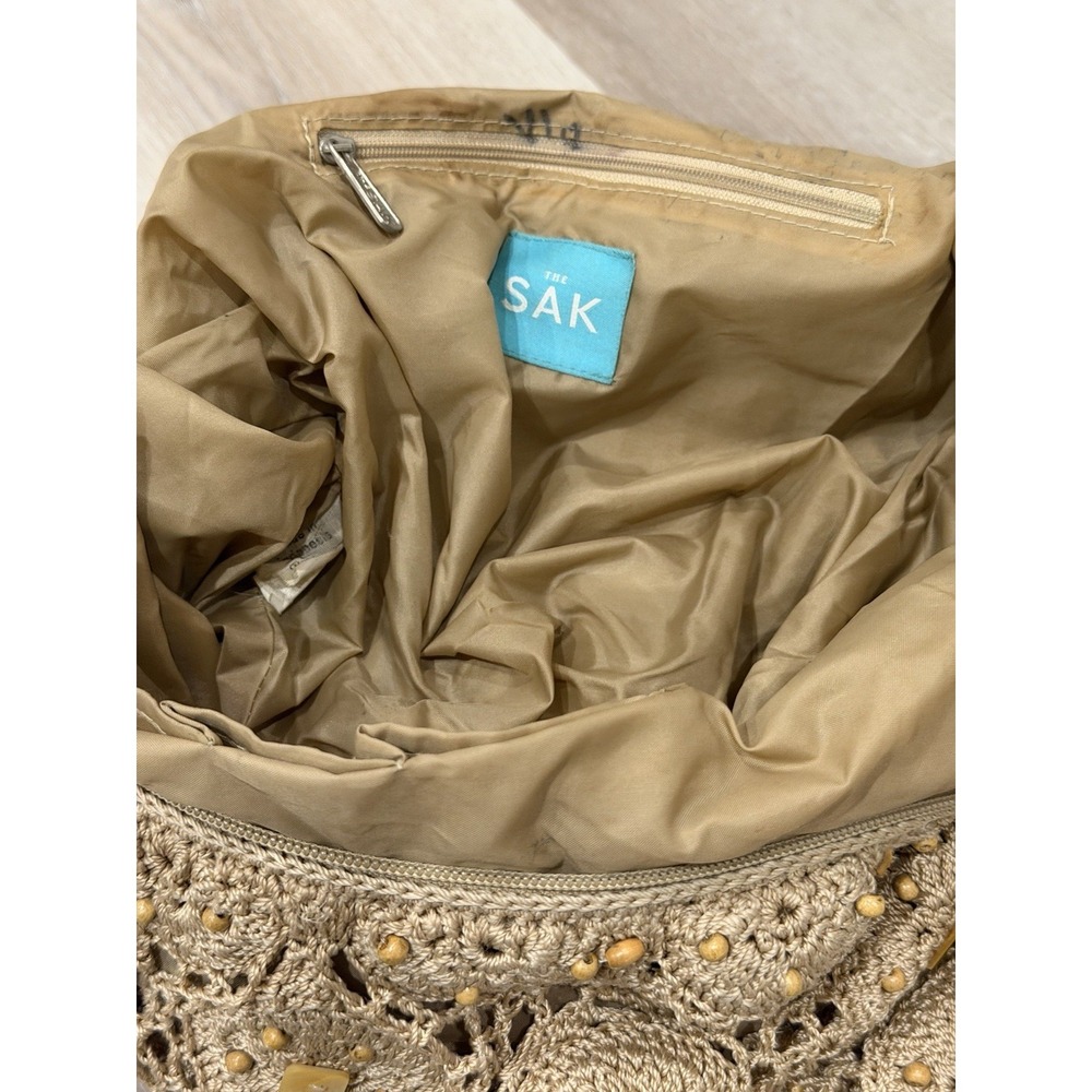 Vintage The Sak Crochet Hobo Bag Y2K Boho Wood Bead Shell Shoulder Purse Slouchy - Picture 6 of 10
